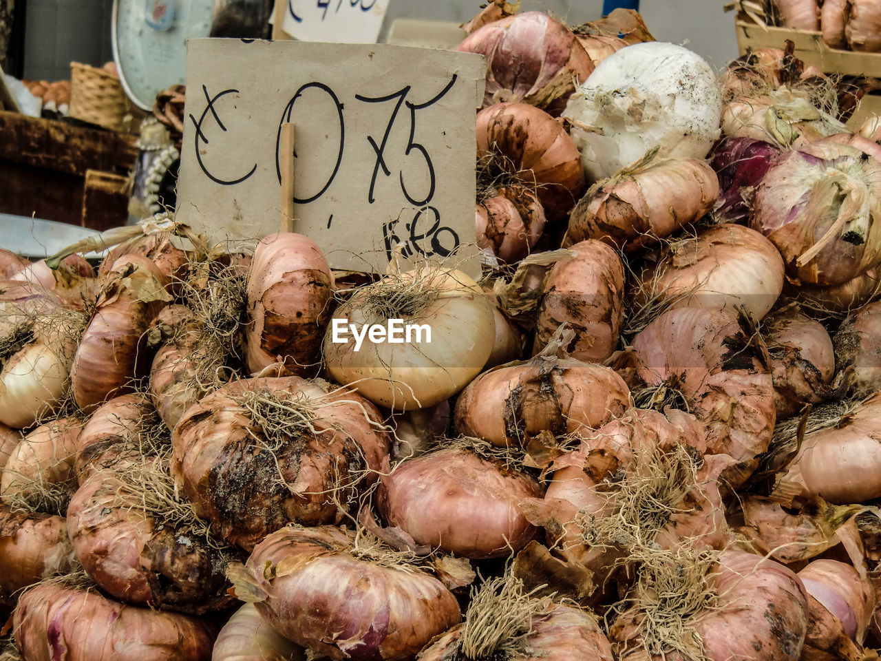 Close-up of onions for sale at market stall