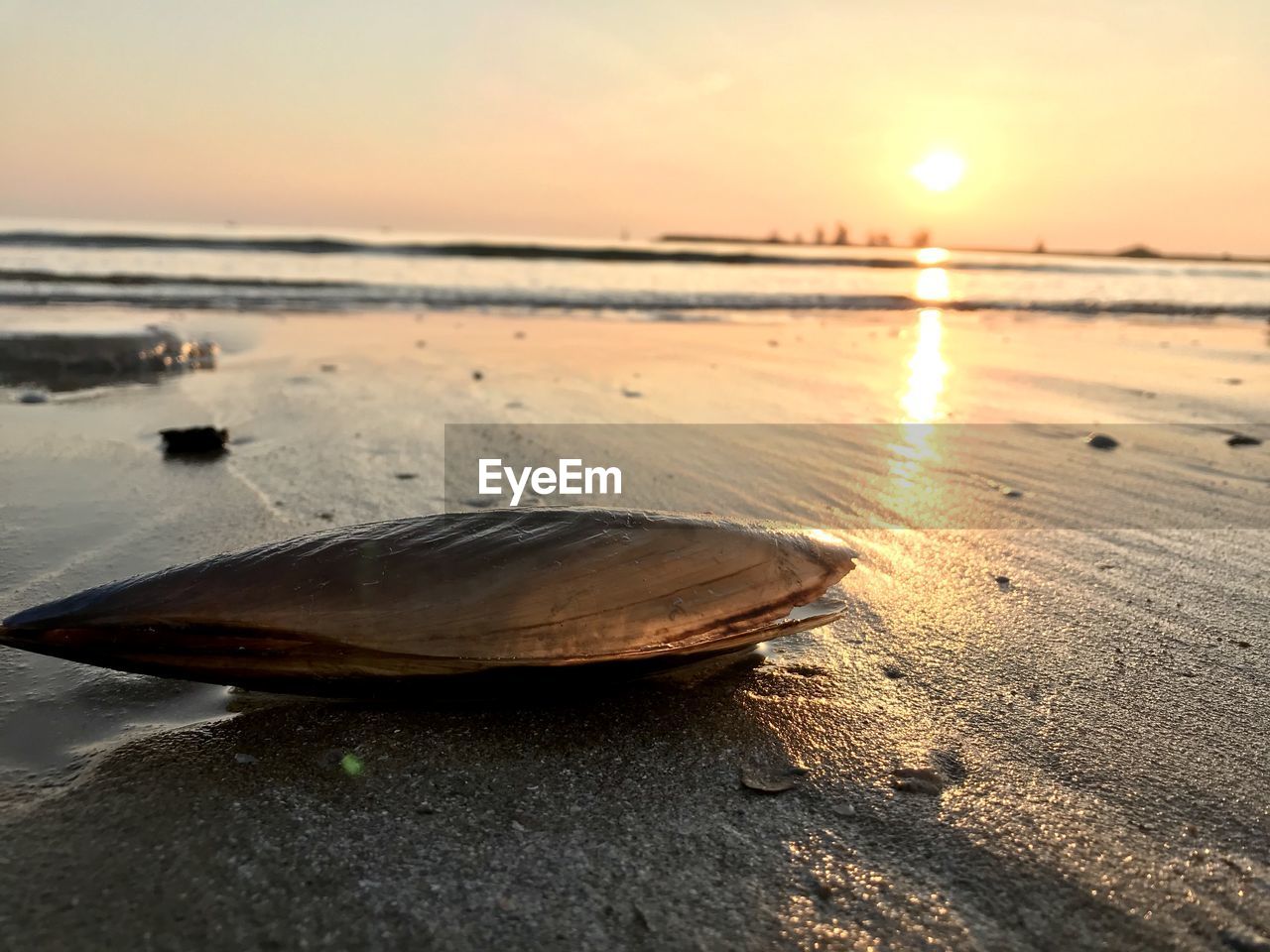 SURFACE LEVEL OF SEA SHORE AGAINST SUNSET SKY