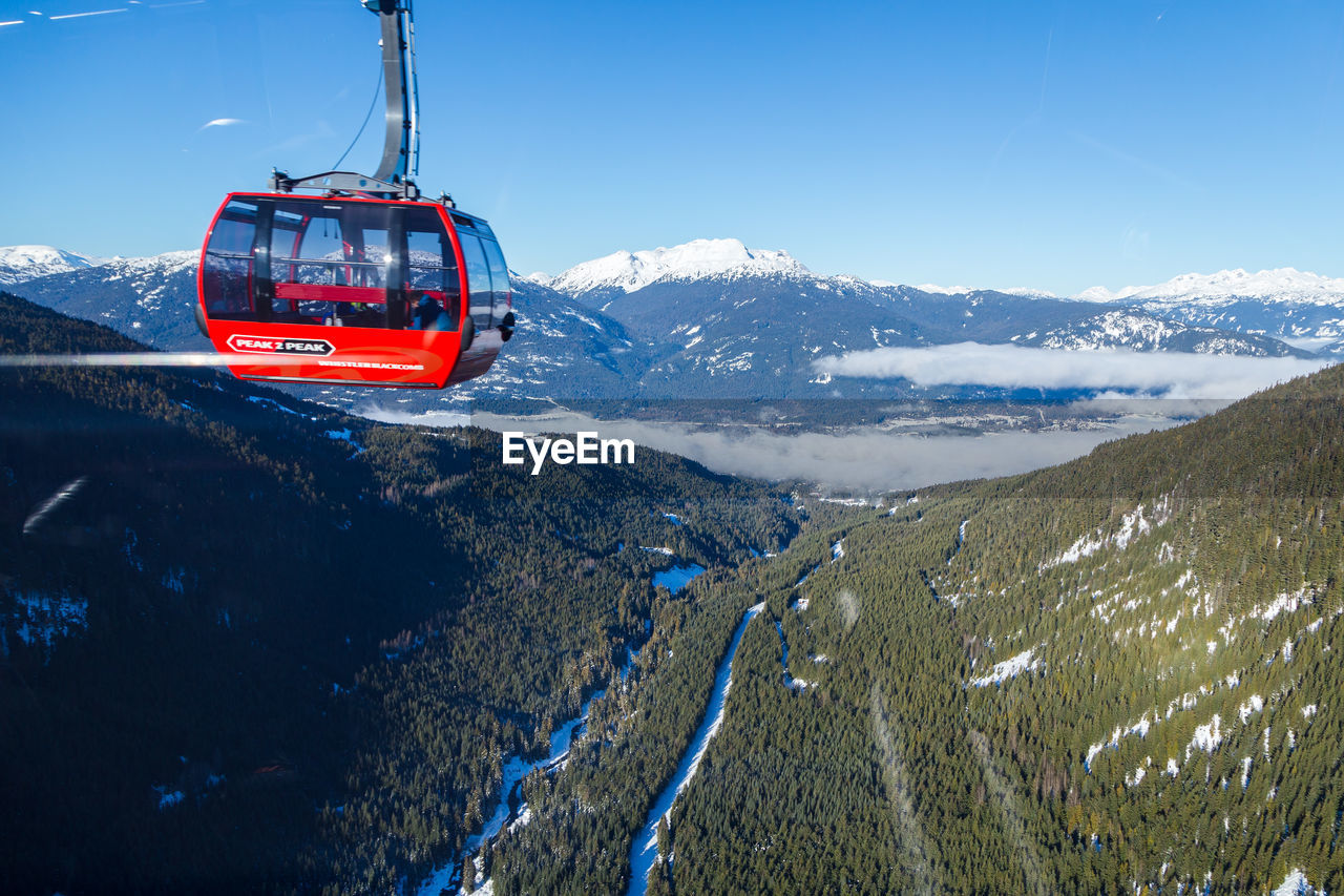 HIGH ANGLE VIEW OF OVERHEAD CABLE CAR AGAINST SNOWCAPPED MOUNTAINS