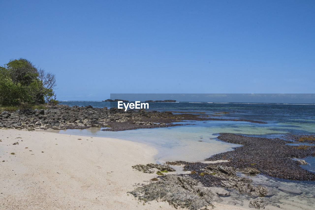 Scenic view of beach against clear blue sky