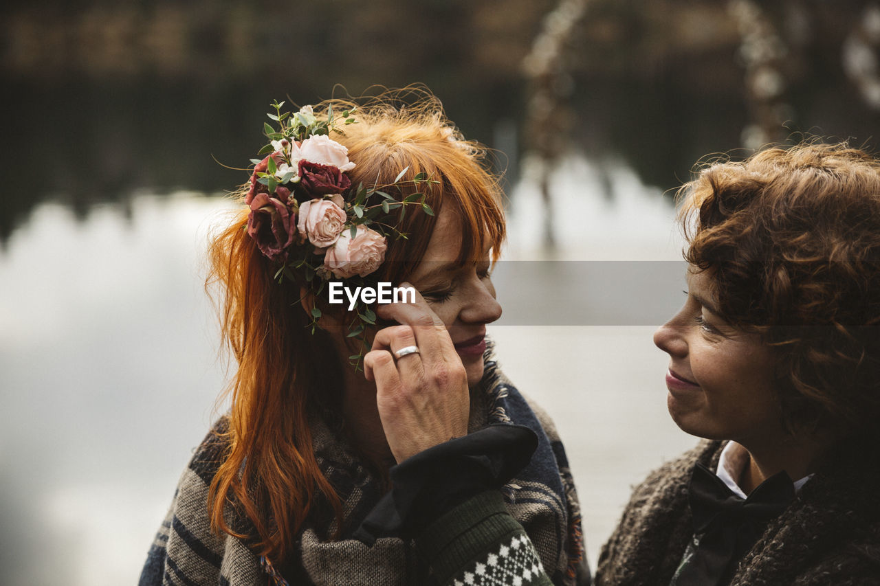 Lesbian women looking affectionately at each other