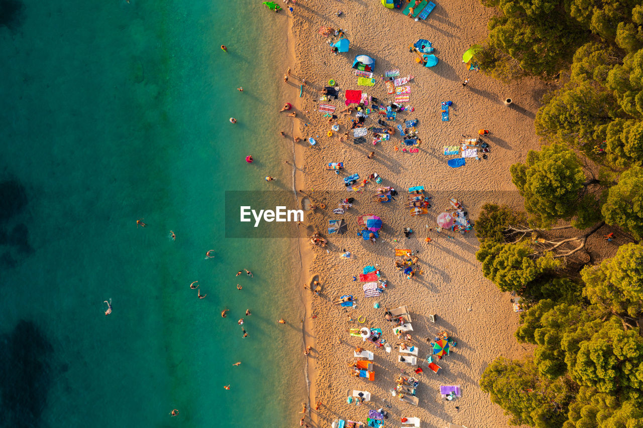 Aerial scene of zlatni rat beach on brac island, croatia