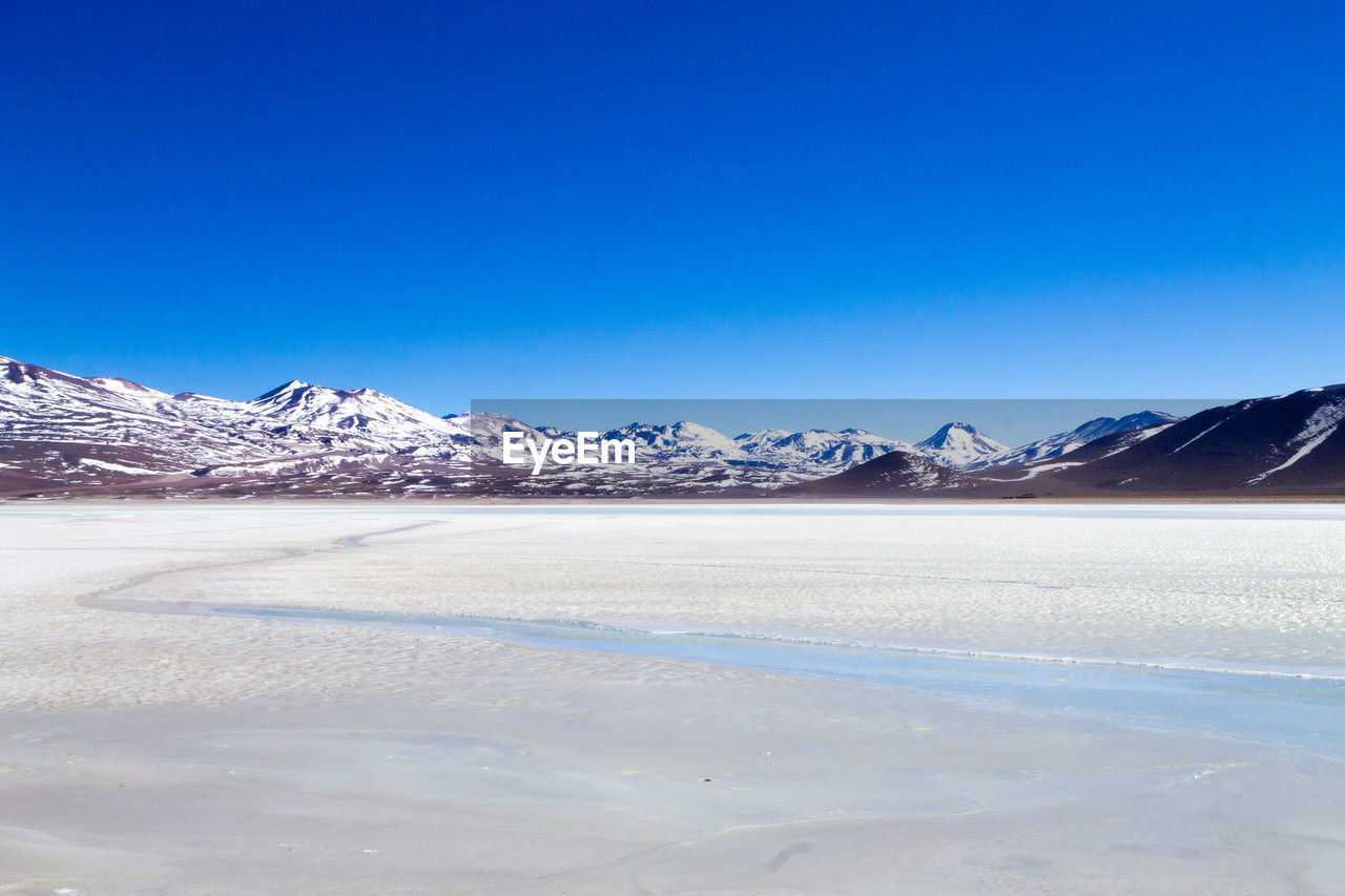 scenic view of snowcapped mountain against clear blue sky