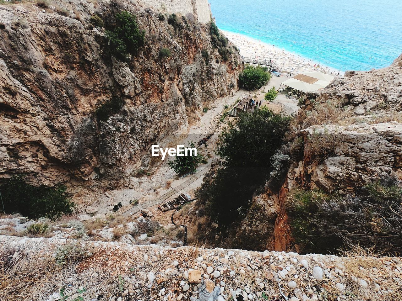 High angle view of rocks on beach