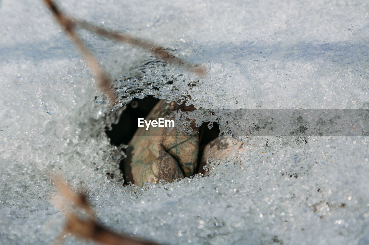 Close-up of river pebbles on snow in early spring