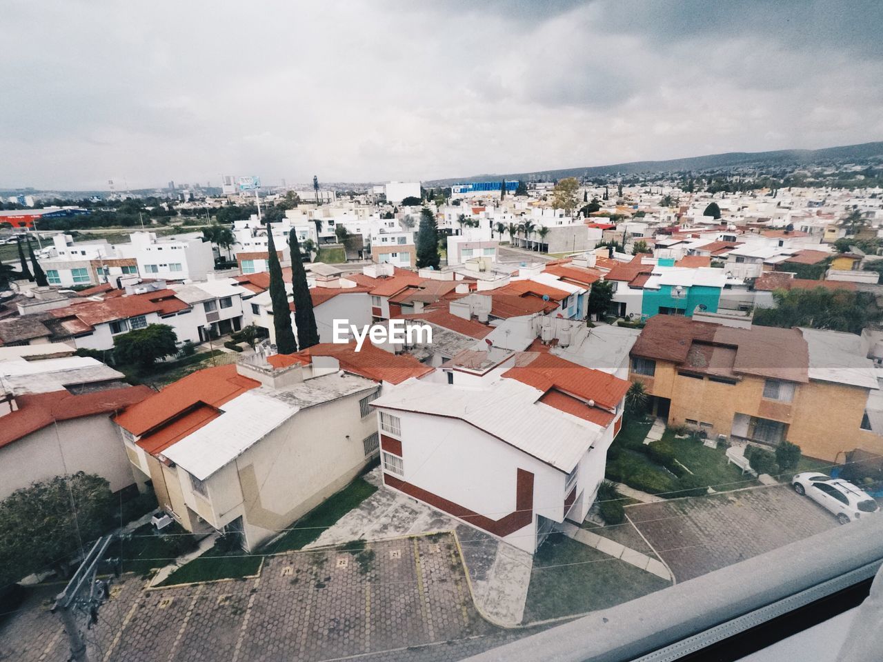 High angle view of town against sky