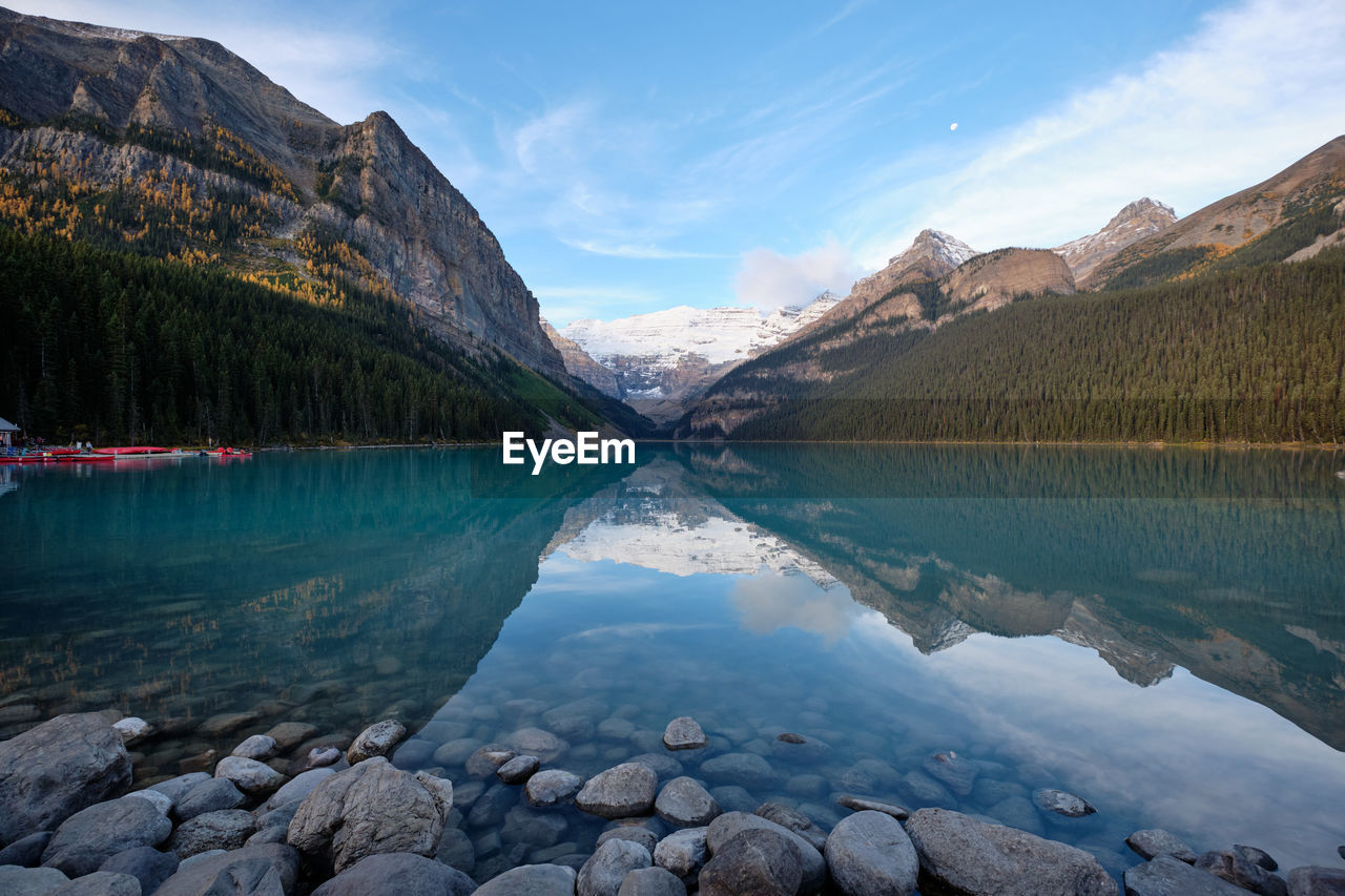 Scenic view of lake and mountains against sky