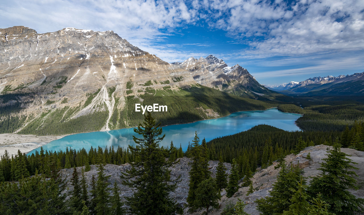 Scenic view of mountains and lake against sky