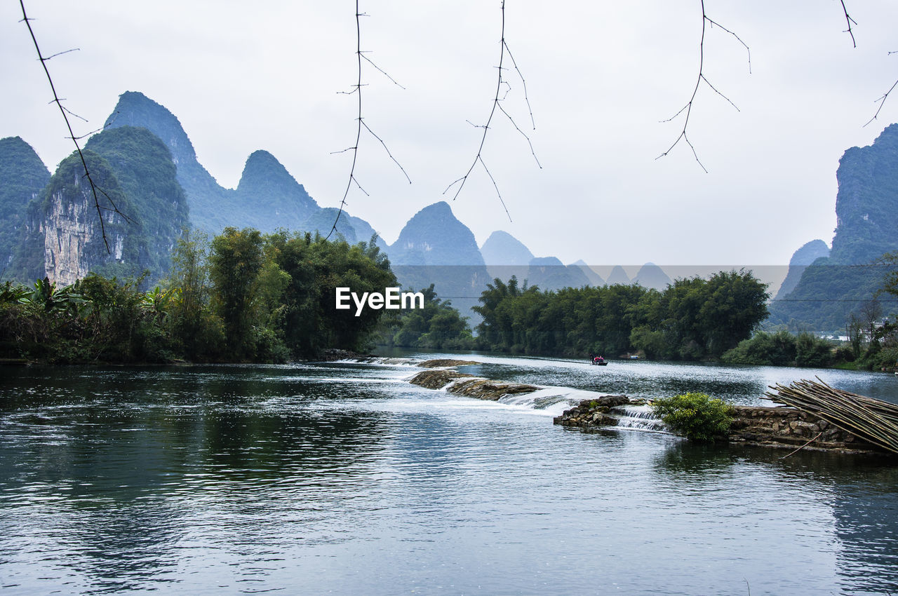 Scenic view of lake and mountains against sky