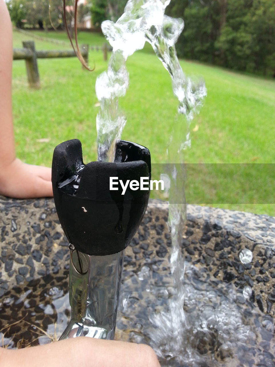 CLOSE-UP OF HAND HOLDING WATER SPLASHING ON PLANT