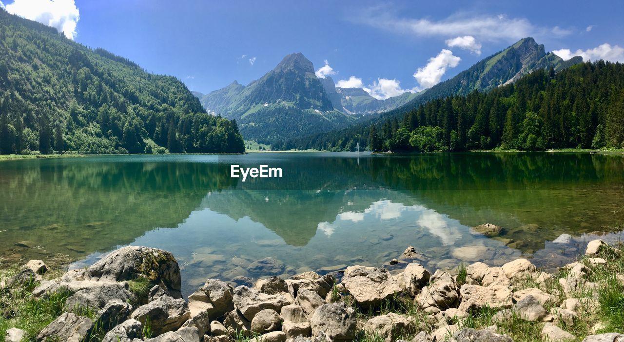 Scenic view of lake and mountains against sky