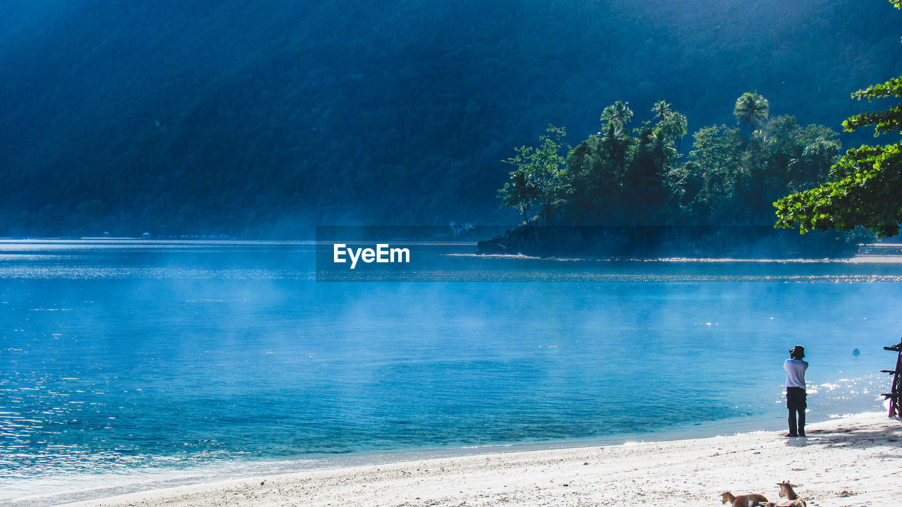 Scenic view of sea against trees and a man taking photo of steaming sea