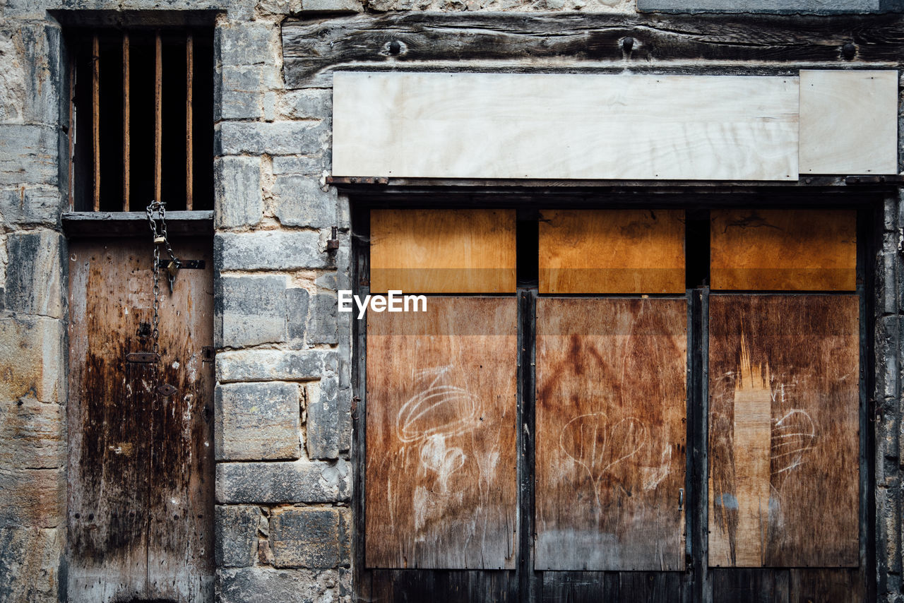 Closed door of old building. abandoned building. 