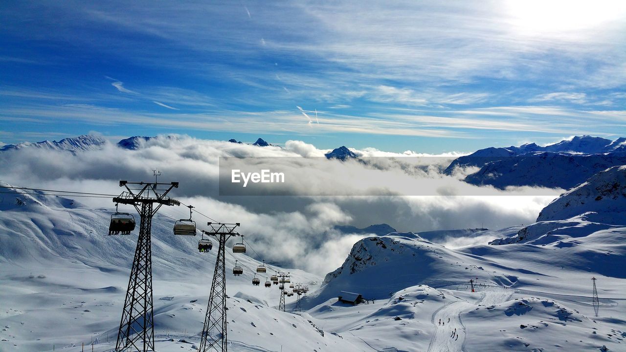 Overhead cable cars at snow covered landscape