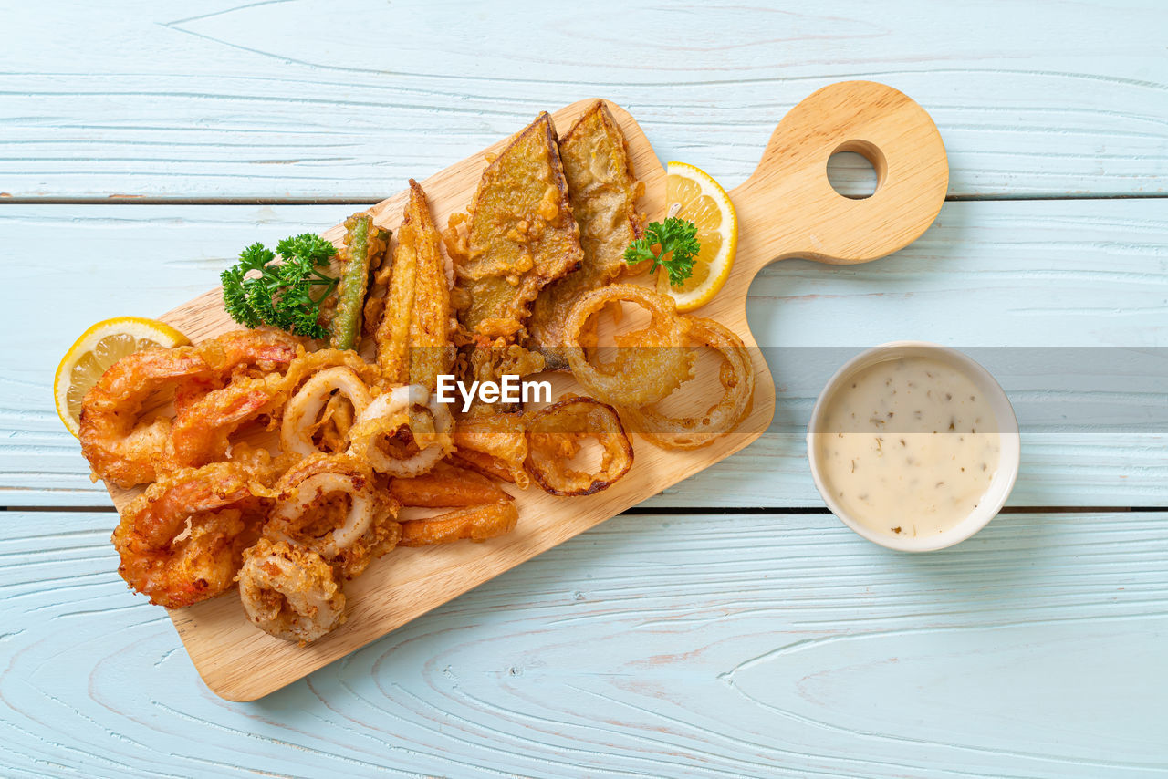 high angle view of food served in plate on table