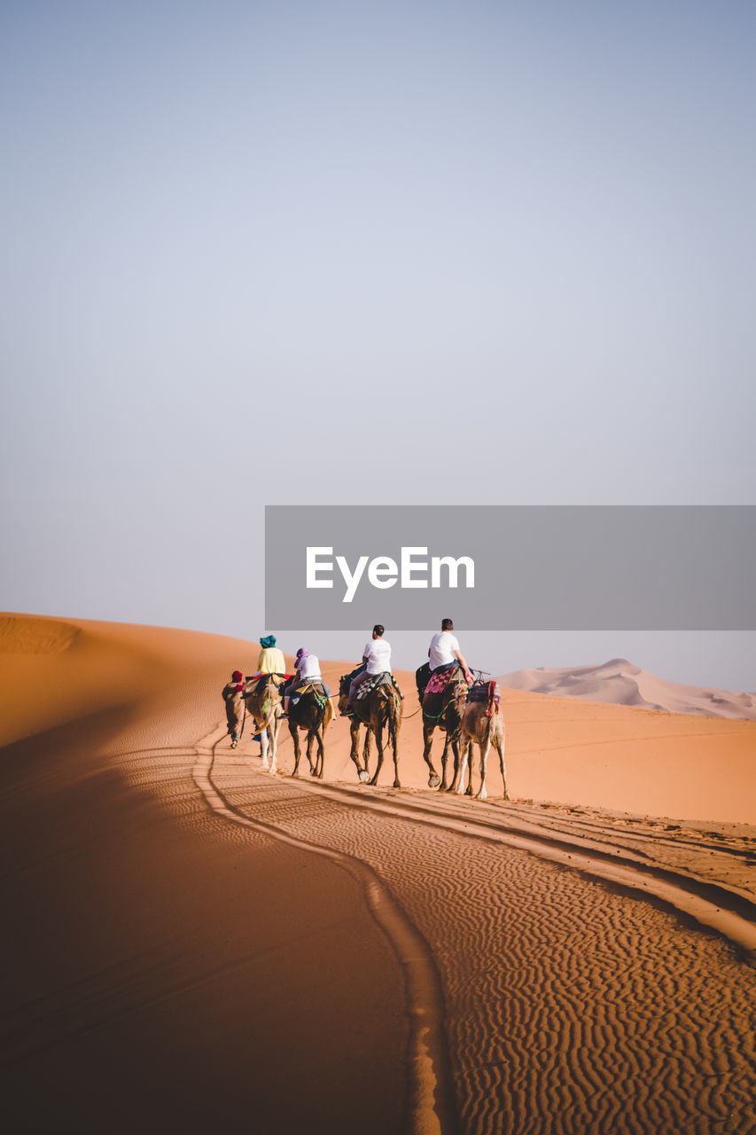 Tourists riding camels on sand dune in desert against clear sky