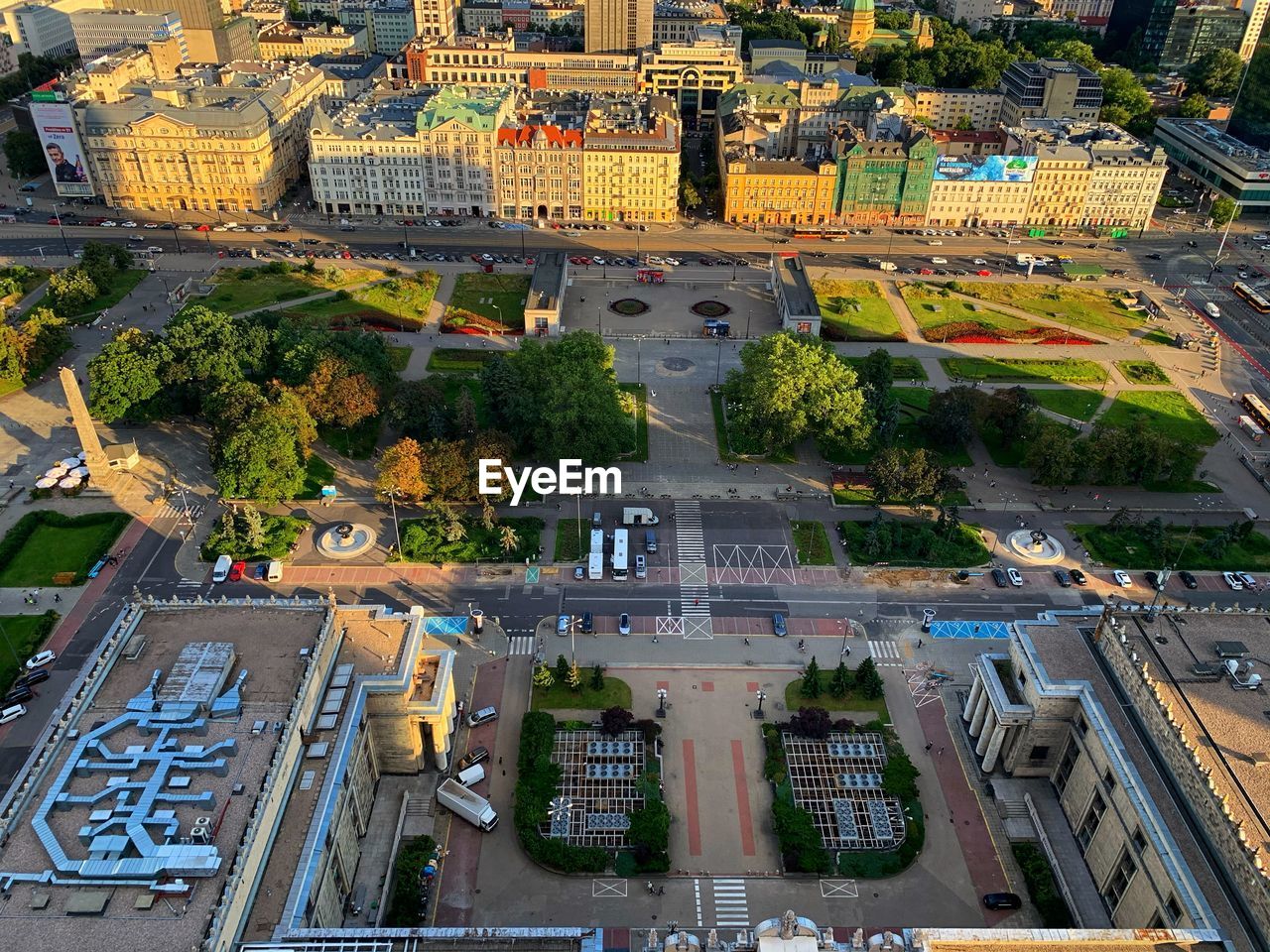 High angle view of buildings in city