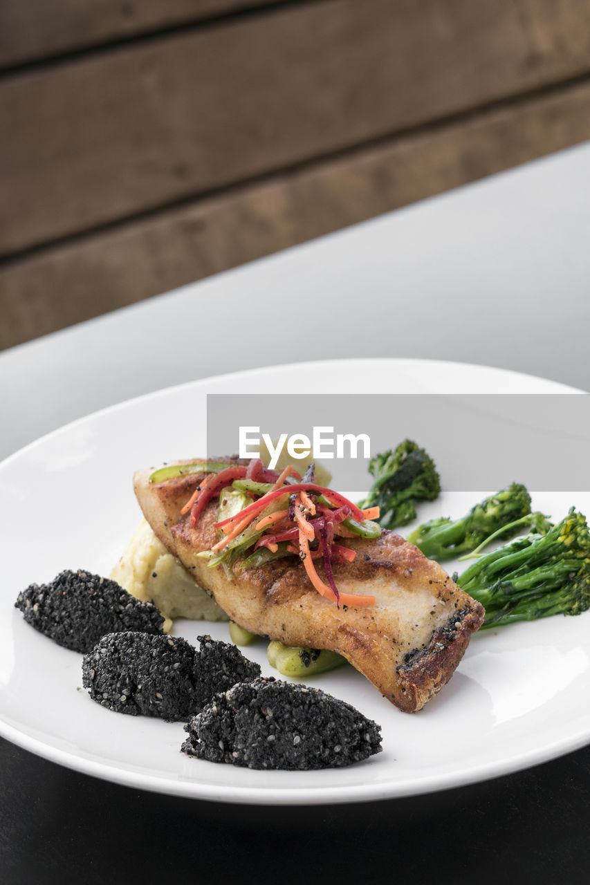 high angle view of food in plate on table