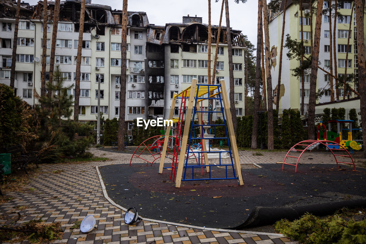 Playground in the courtyard of the house after the russian occupation