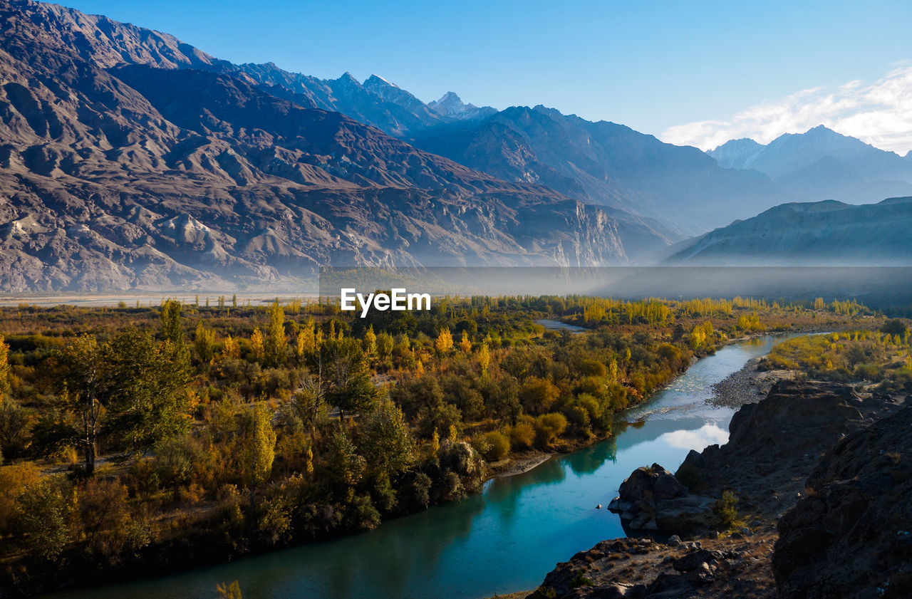 Scenic view of lake and mountains against sky