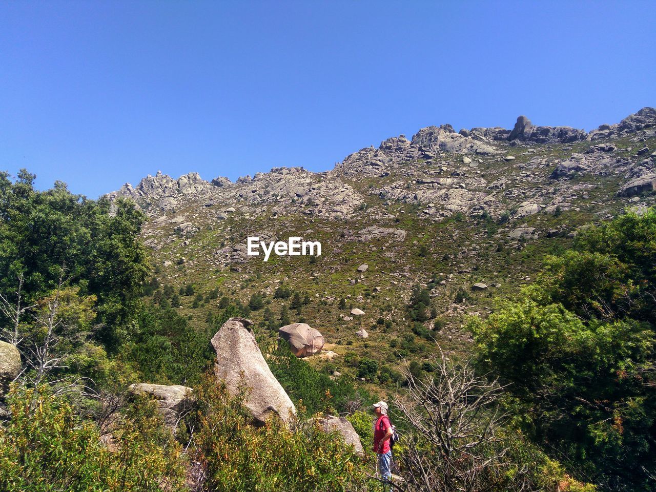 Side view of man standing on mountain against clear blue sky