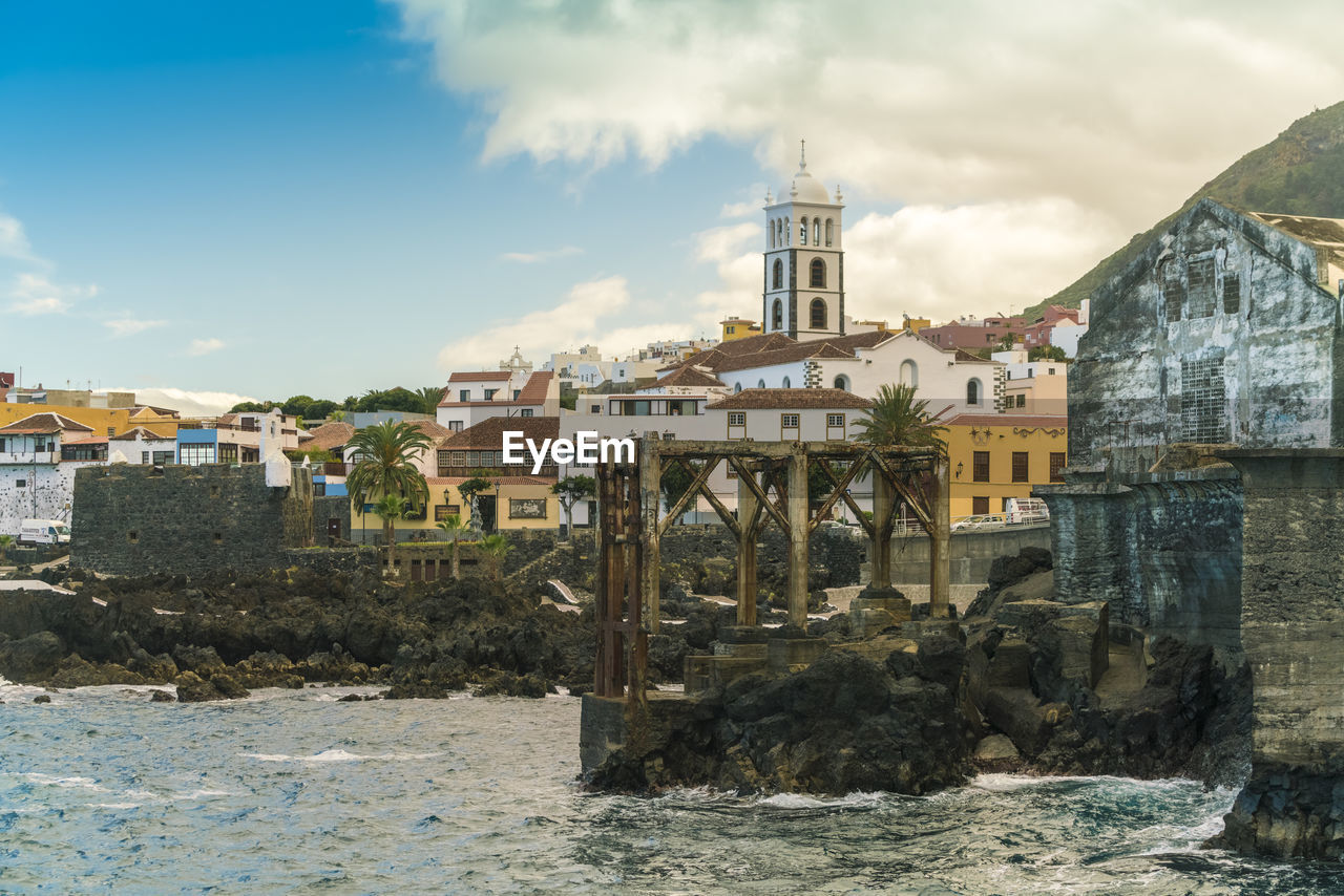 Garachico old town seafront with the old church in the foreground