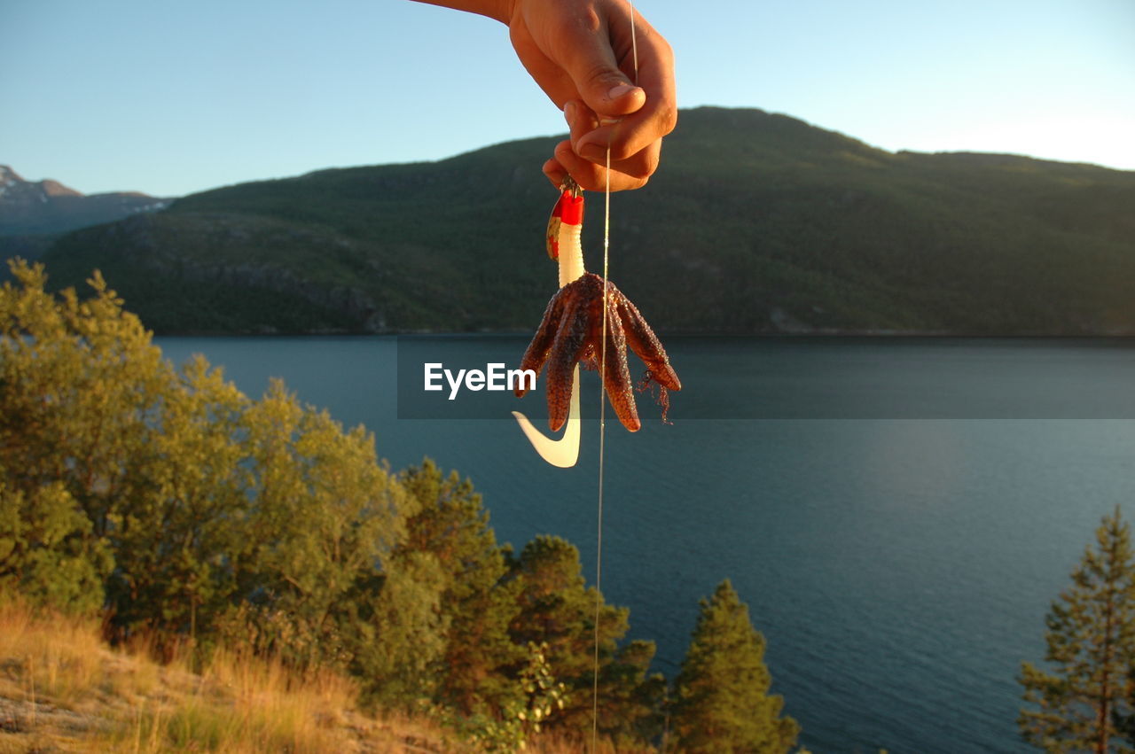 Cropped hand of person holding starfish with hook against lake and mountains