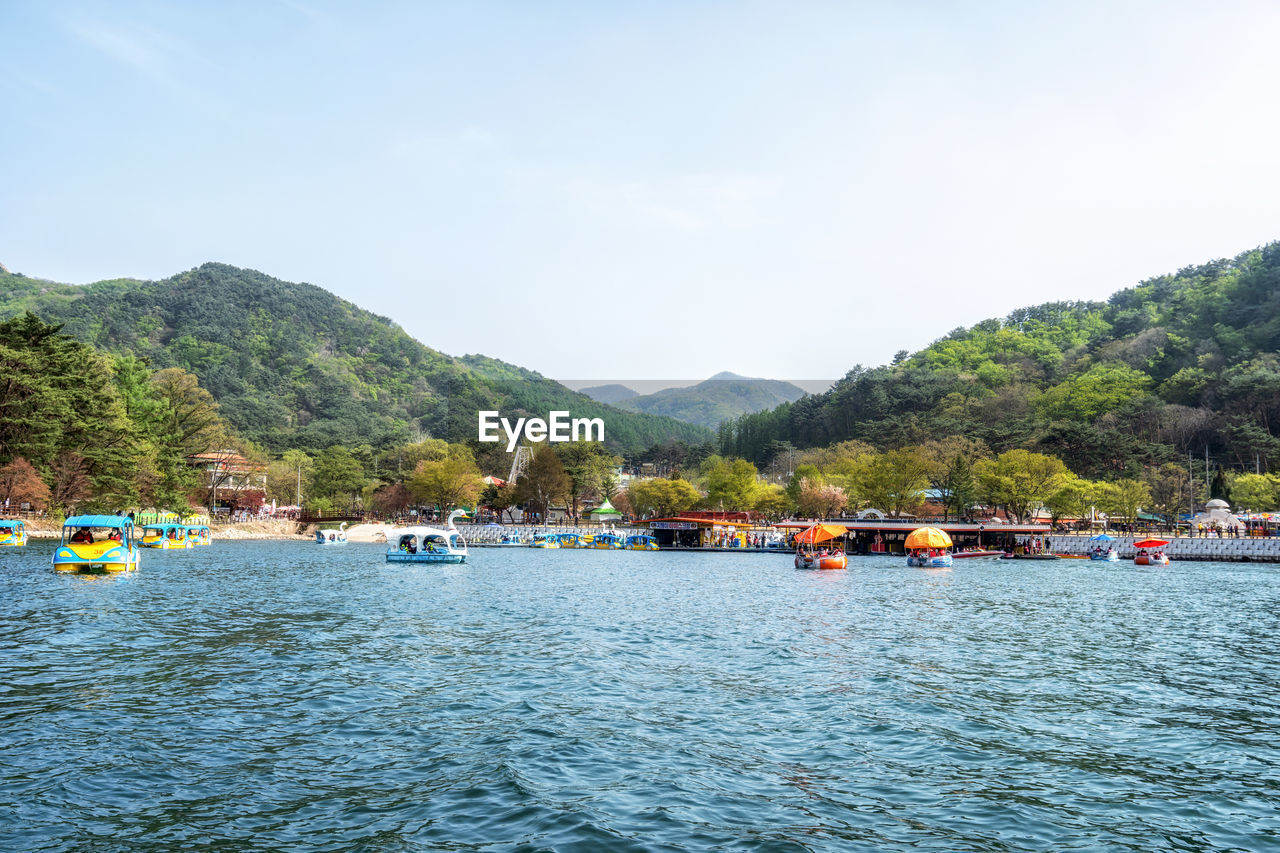 Sanjeong lake scenery in pocheon, south korea. famous lake in pocheon with boats for rentals.