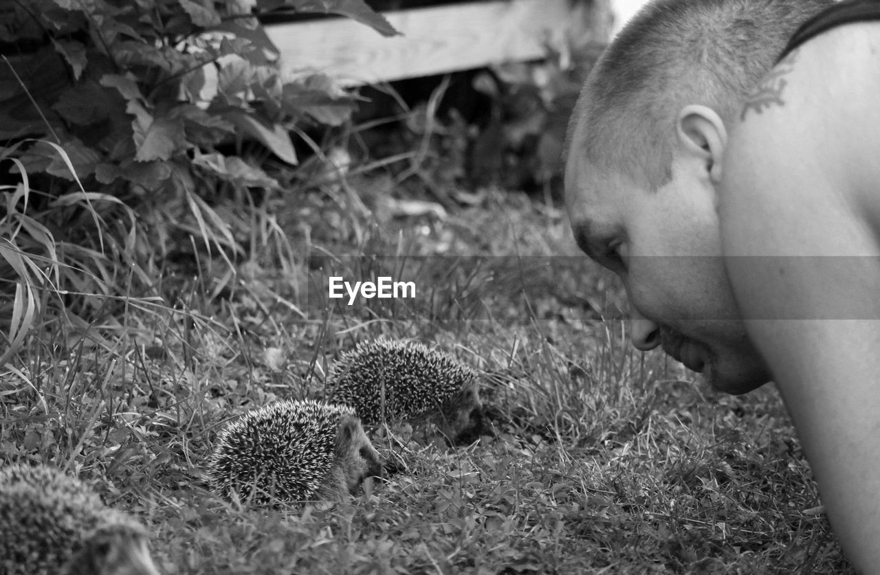 black and white, one person, monochrome photography, plant, monochrome, nature, men, day, human face, grass, land, adult, animal, field, animal themes, mammal, portrait, lifestyles, leisure activity, child, side view, headshot, person, childhood, outdoors, one animal, growth, emotion, lying down