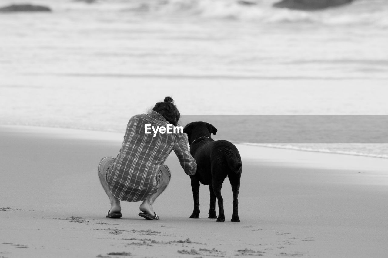 Rear view of man with dog at beach