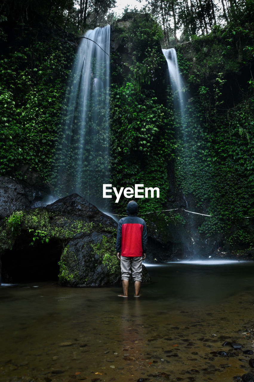 Rear view of man standing against waterfall