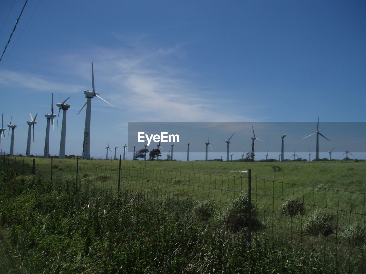 WIND TURBINES ON FIELD AGAINST SKY