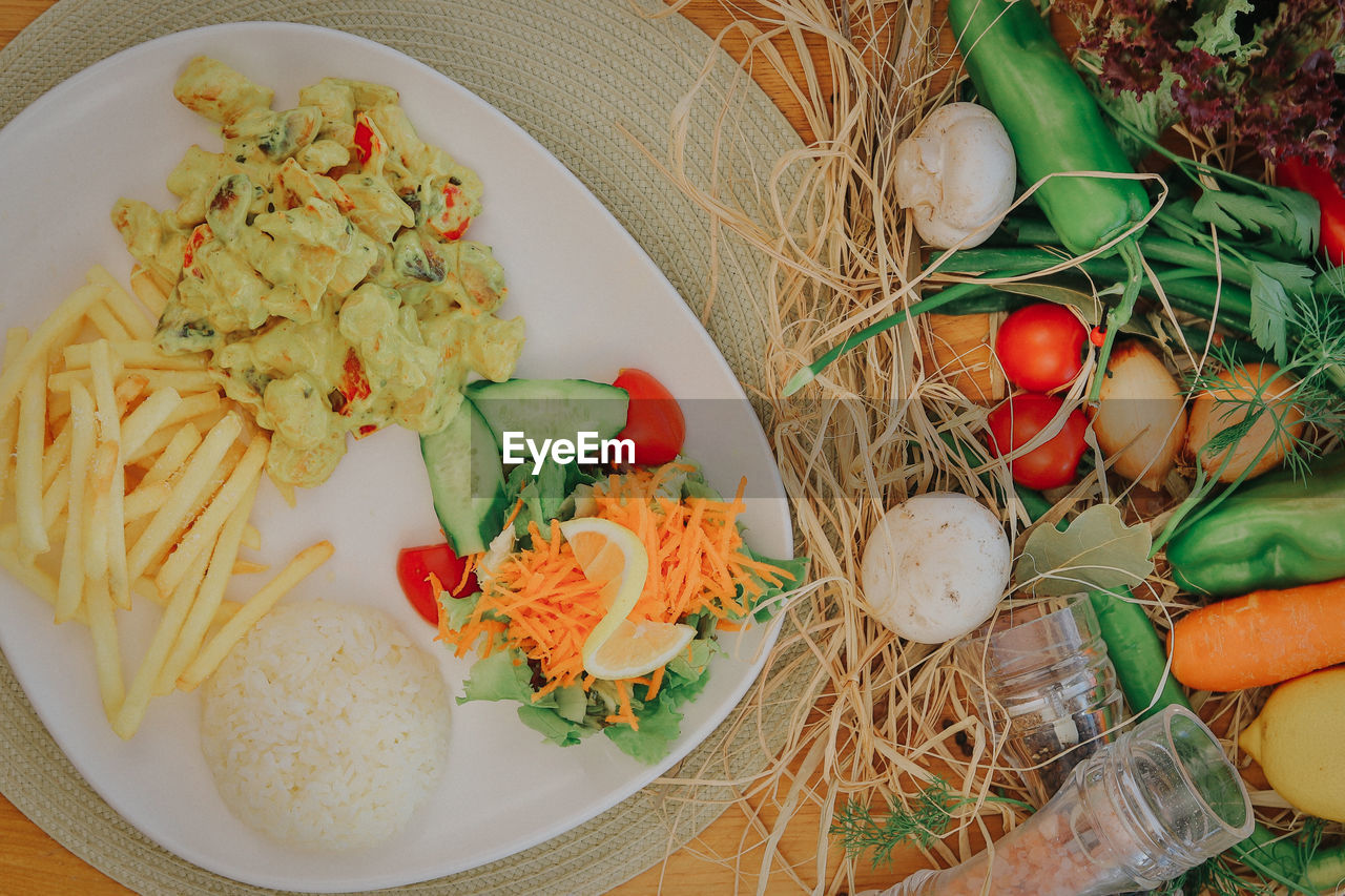 High angle view of meal served on table