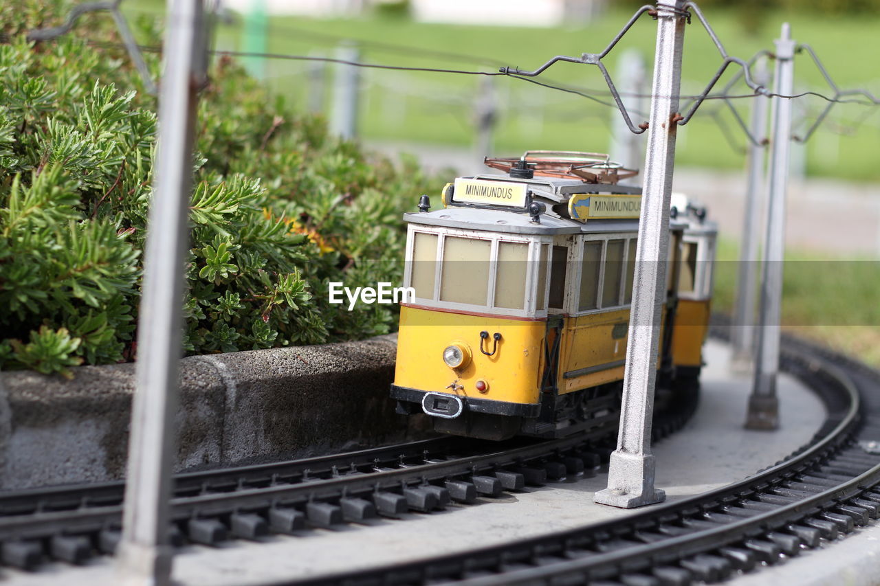 Tilt-shift image of train on railroad track