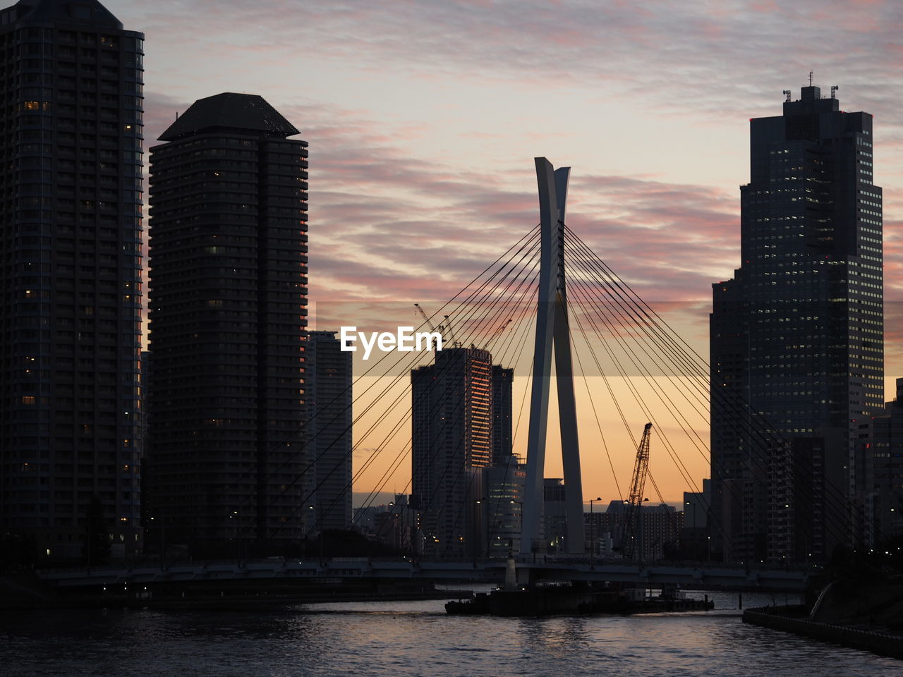 City skyline at sunset