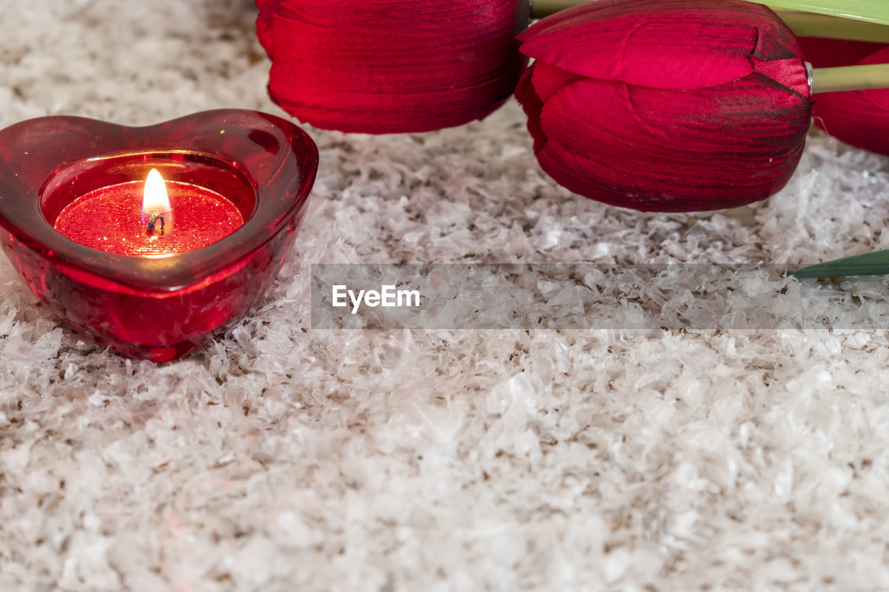 HIGH ANGLE VIEW OF RED LIGHT CANDLES ON PLANT