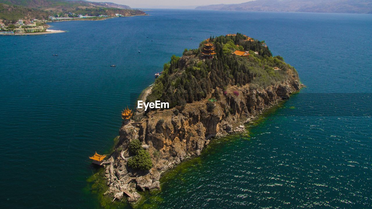 High angle view of rock formation amidst fuxian lake