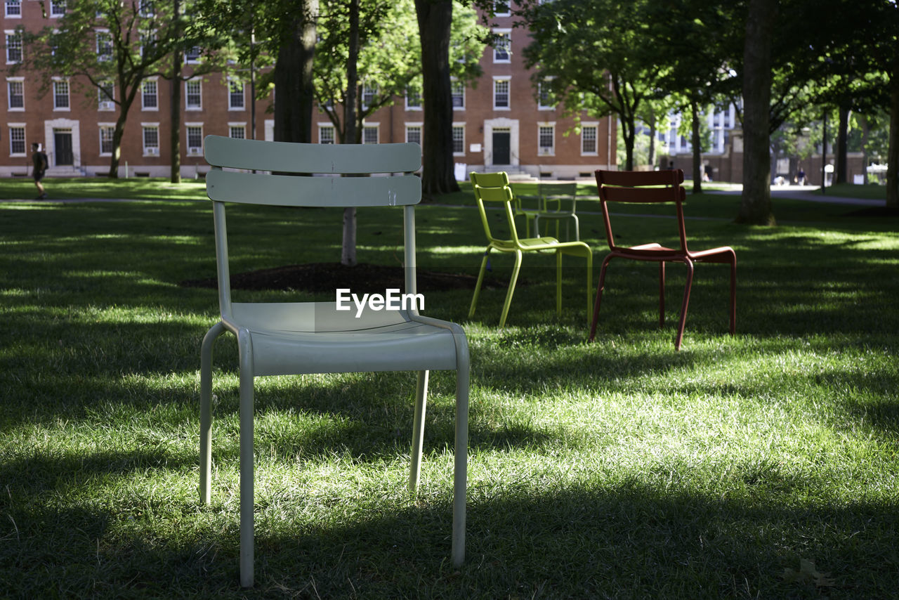 plant, grass, seat, tree, nature, chair, green, no people, backyard, park, shadow, sunlight, lawn, day, furniture, architecture, absence, park - man made space, outdoors, empty, table, built structure, field, yard, front or back yard, growth, tranquility, land, building exterior, city