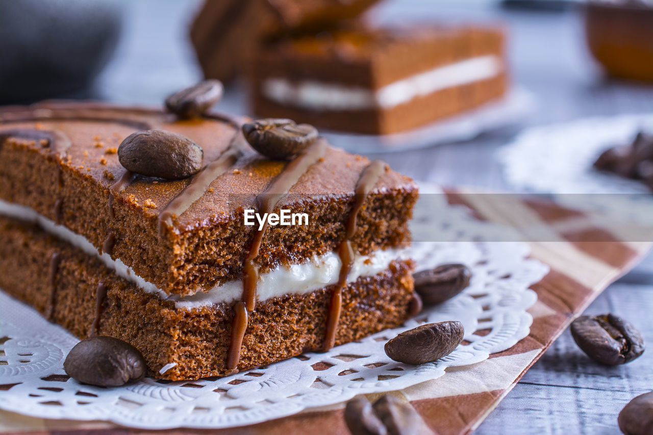 Close-up of cake served in plate on table