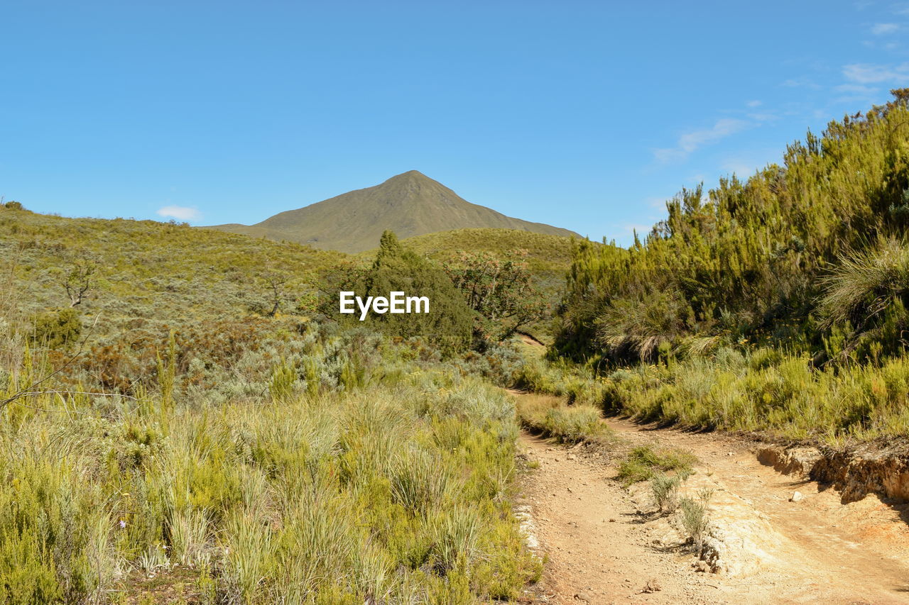 A dirt road against a mountain background, chogoria route, mount kenya national park