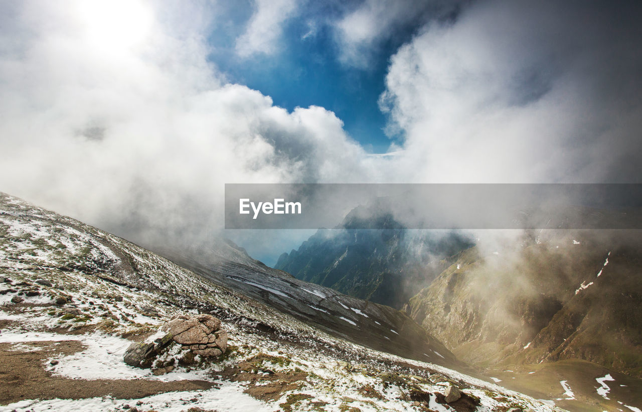 Scenic view of mountains against sky during winter