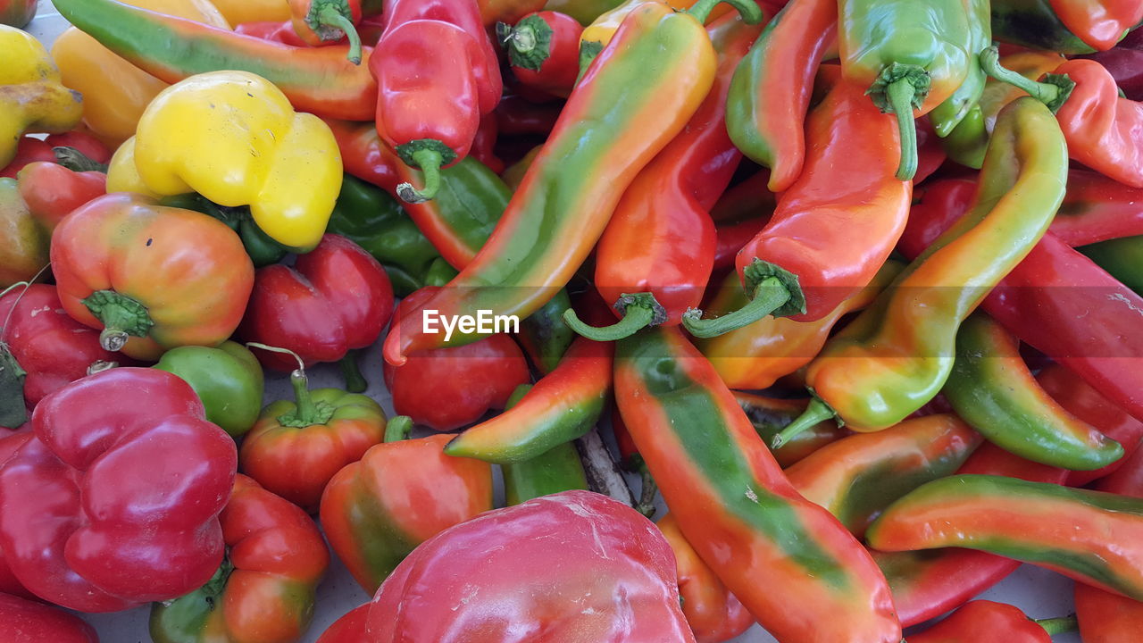 Full frame shot of bell peppers for sale in market