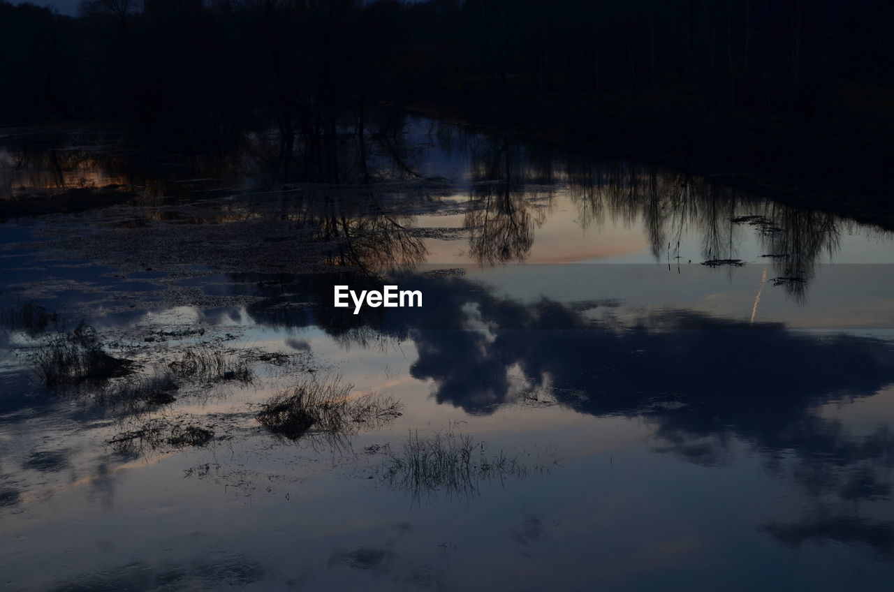 Reflection of silhouette trees in lake against sky