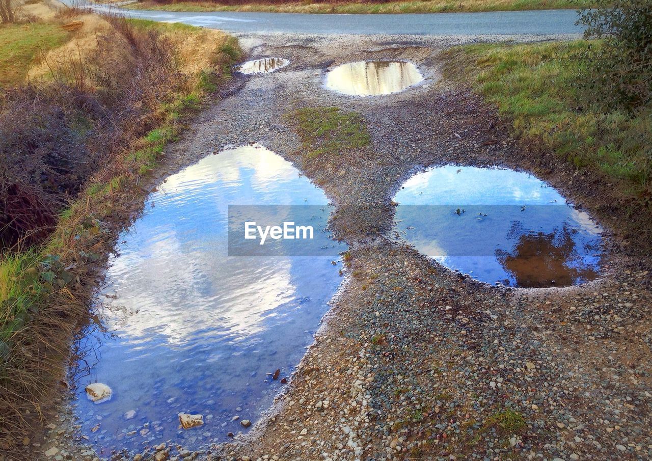 High angle view of puddles on dirt road