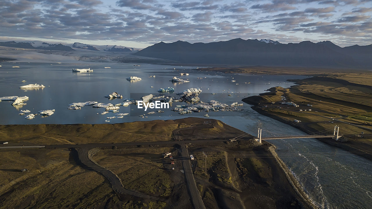 High angle view of glacial lake against sky at jokusarlon, iceland