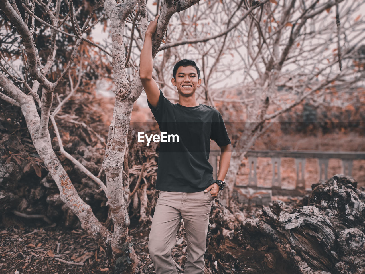 Portrait of young man standing by bare trees in forest