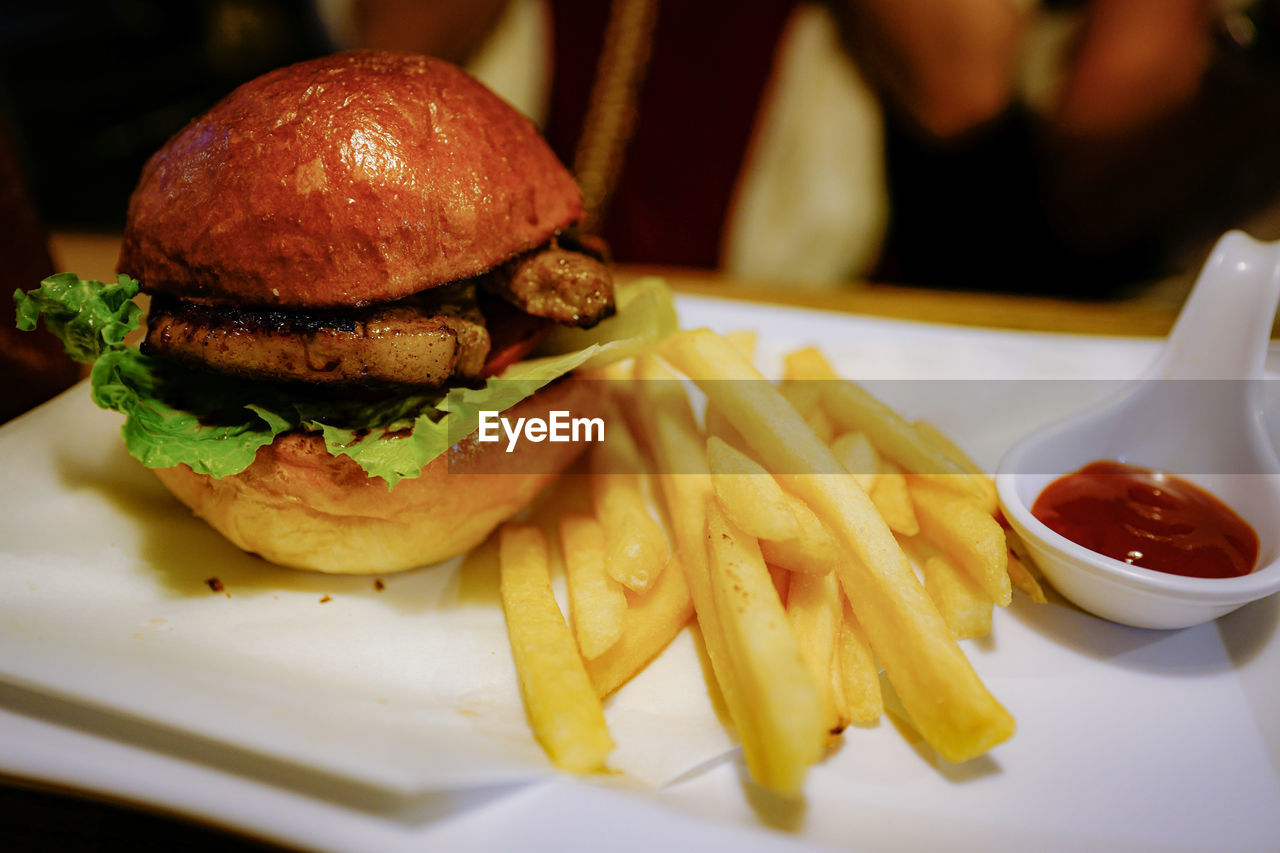 CLOSE-UP OF BURGER AND FRIES ON PLATE