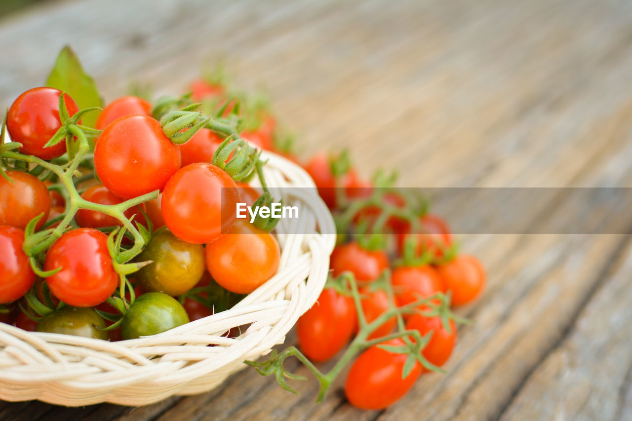 Close-up of cherry tomatoes in basket on table