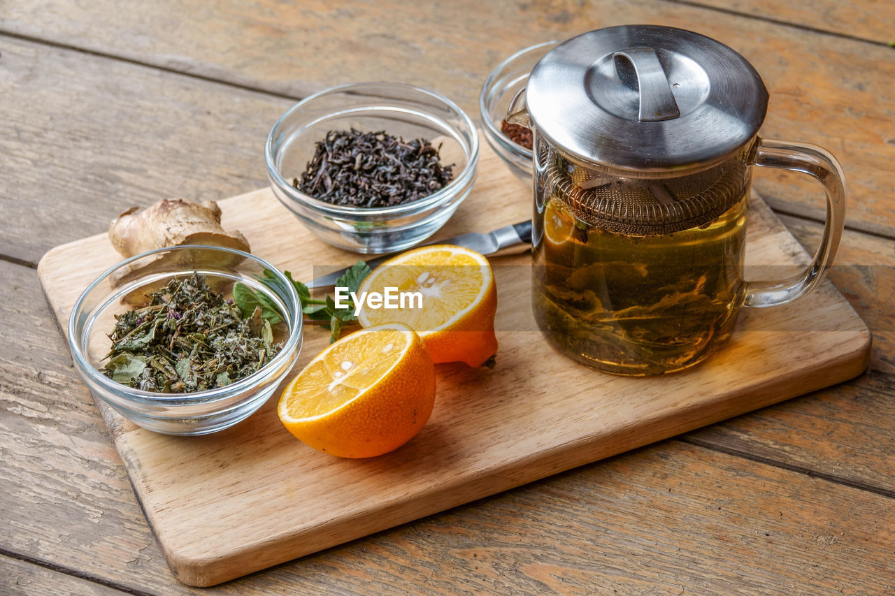 High angle view of food and drink on table