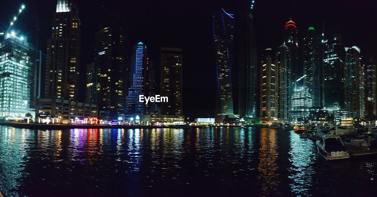 View of city lit up at night